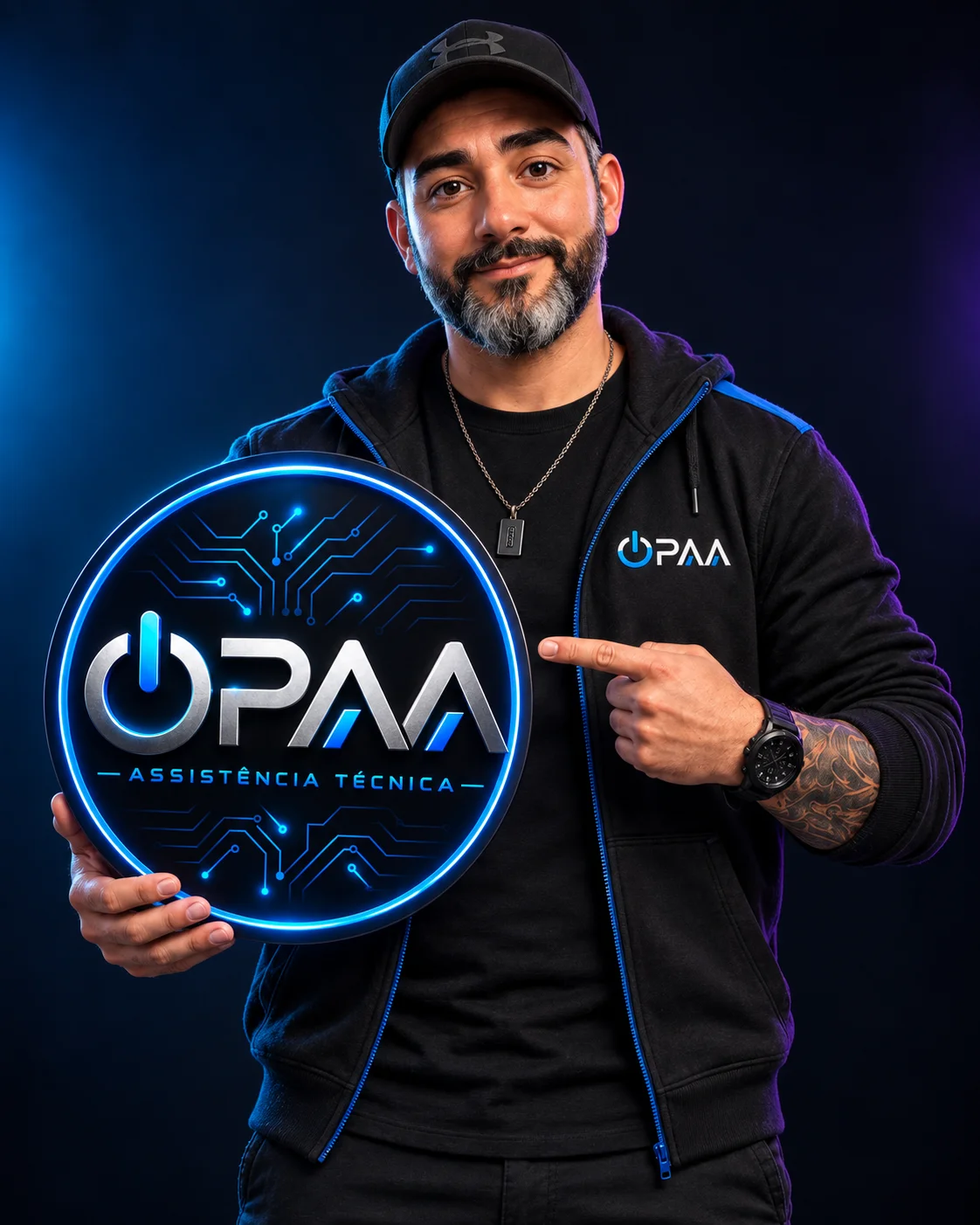 Mascote oficial da OPAA segurando e apontando para a logo iluminada