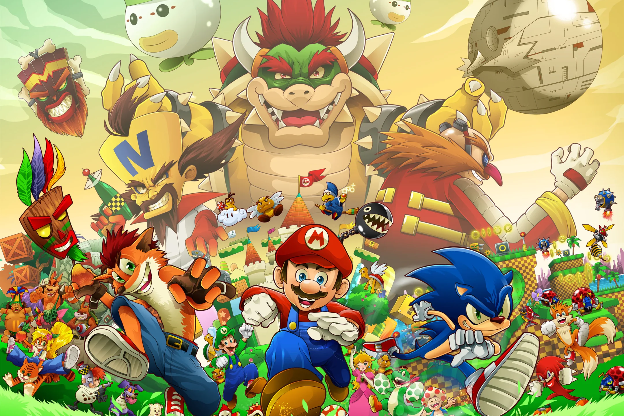 Personagens clássicos de videogame celebrando diferentes gerações